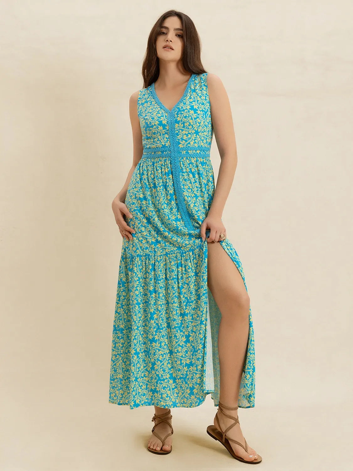 Slit Printed V-Neck Sleeveless Dress - Teal