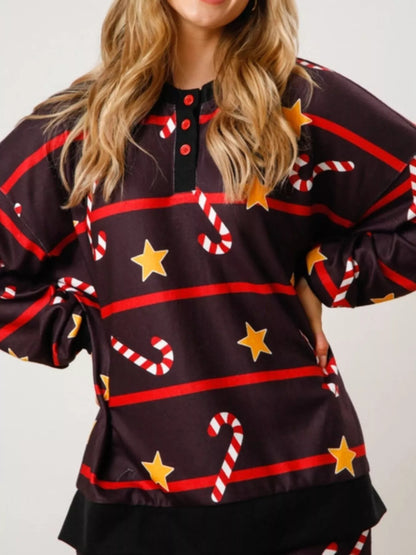 Christmas Long Sleeve Top and Pants Lounge Set - Black
