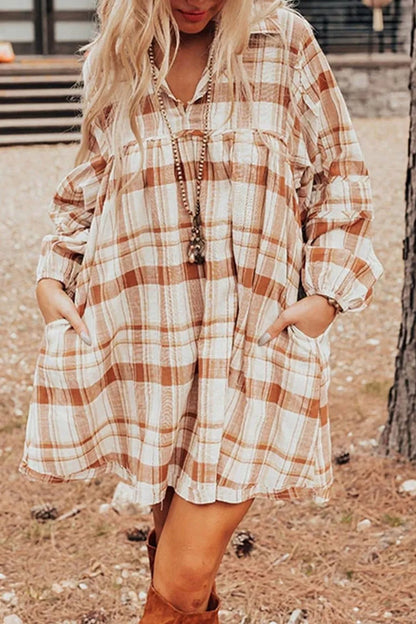 Plaid Collared Neck Long Sleeve Mini Shirt Dress - Camel