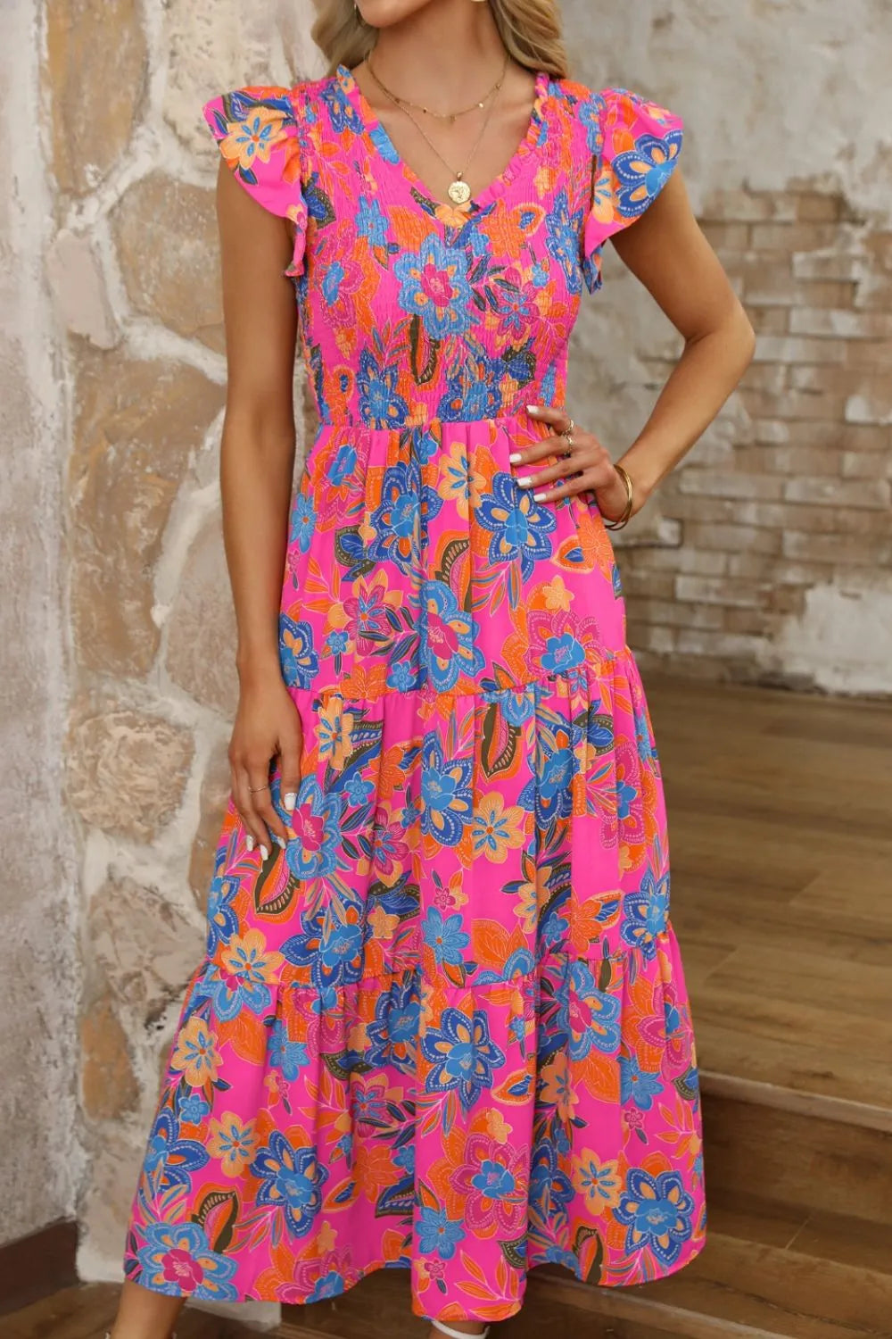 Boho Floral V-Neck Ruffle Tiered Dress -