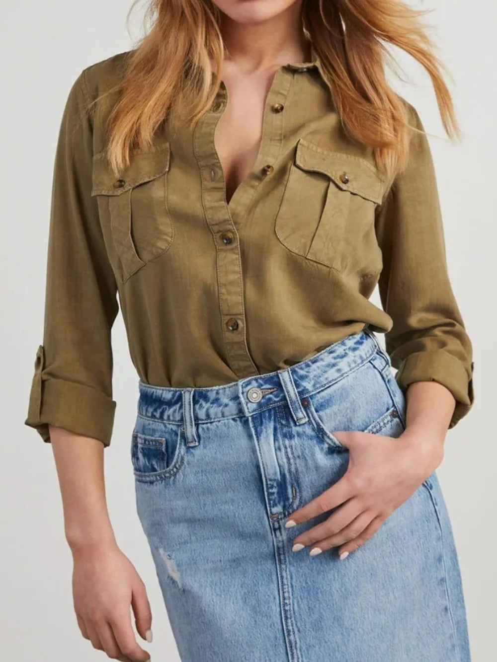Collared Neck Roll-Tab Sleeve Denim Top -