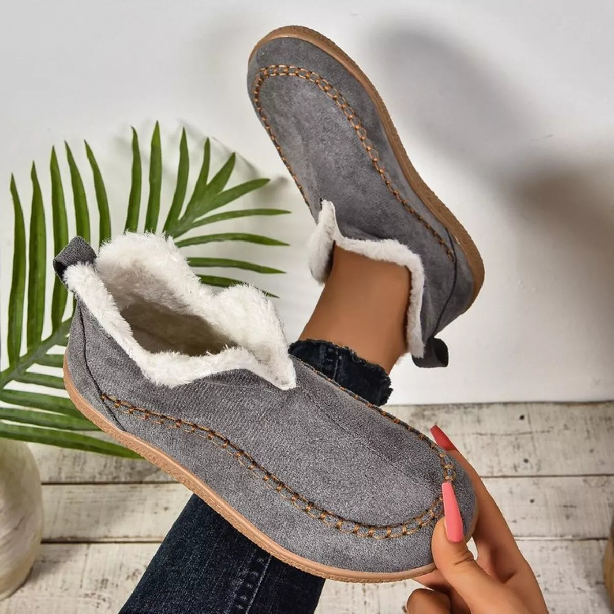 Round Toe Sherpa-Lined Slip-Ons - Dark Gray