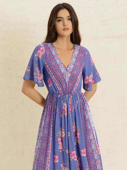 Printed Short Sleeve Midi Dress -