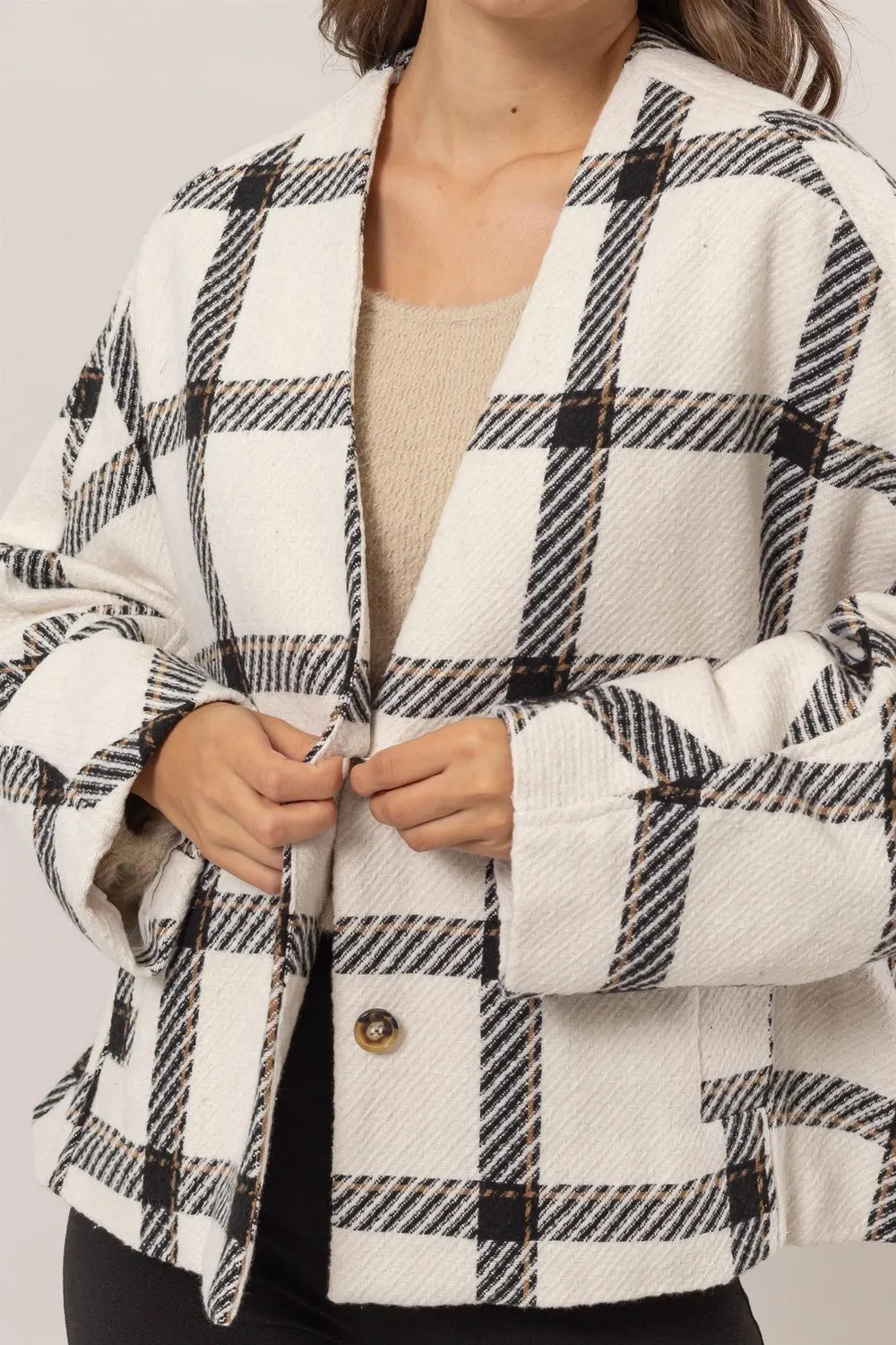 Plaid Long Sleeve Jacket - Cream