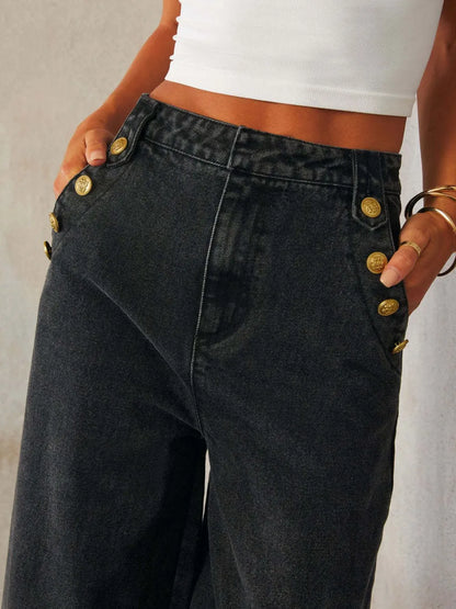 Button Decor High Rise Wide Leg Jeans - Dark