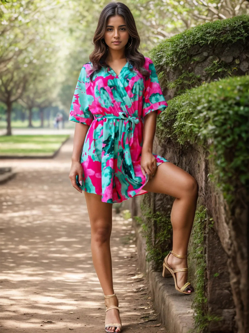 Printed Surplice Half Sleeve Romper - Turquoise