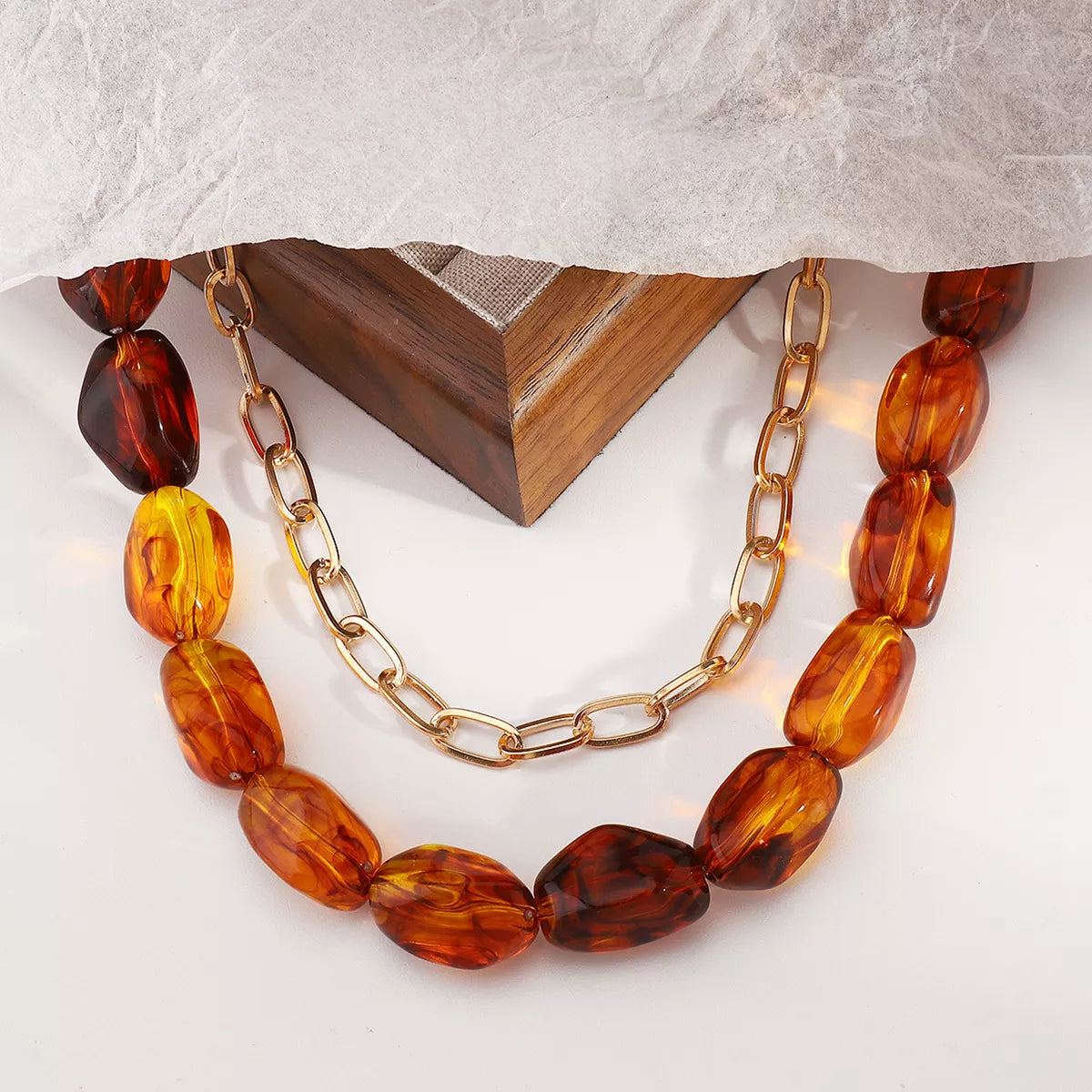 Colorful Beaded Chain Necklace - Amber One Size