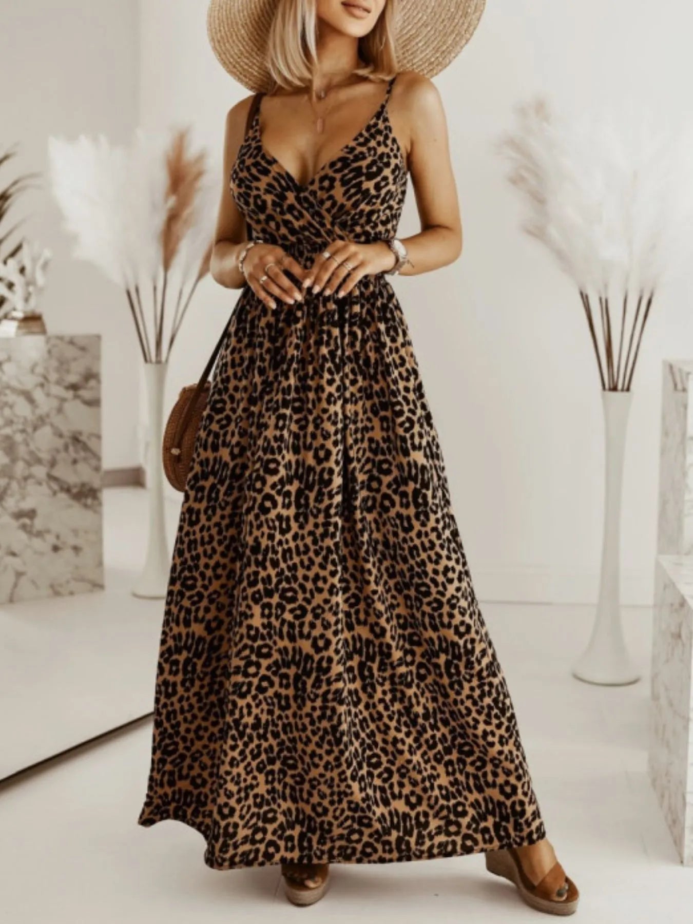 Leopard Print Spaghetti Strap Summer Maxi Dress - Brown