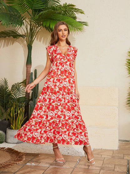 Floral V-Neck Cap Sleeve Summer Dress - Red