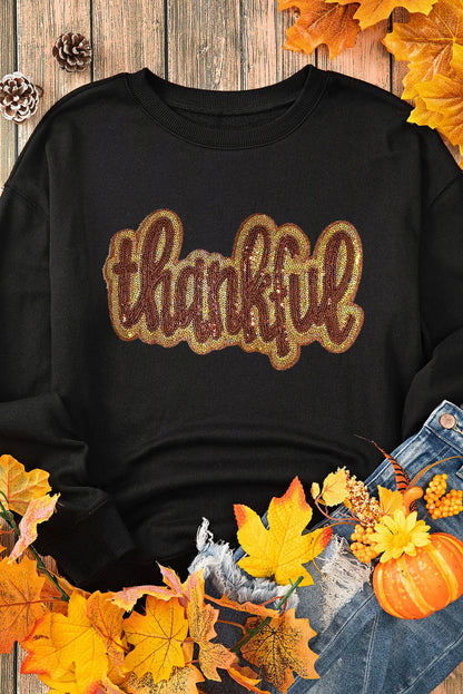 THANKFUL Round Neck Sweatshirt - Black