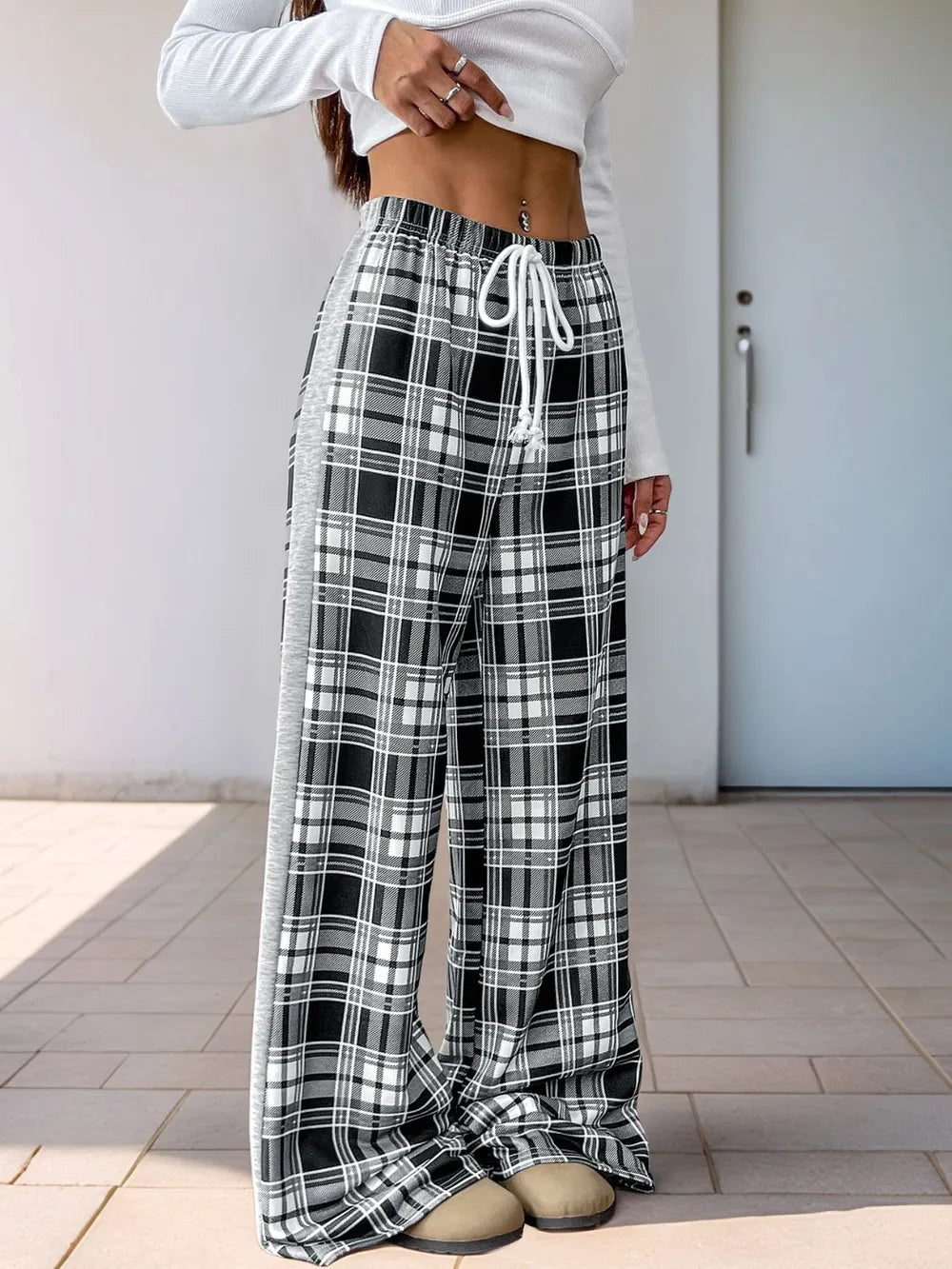 Drawstring Plaid Wide Leg Pants -