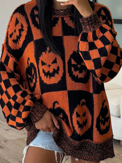 Exposed Seam Pumpkin Round Neck Sweater - Ochre