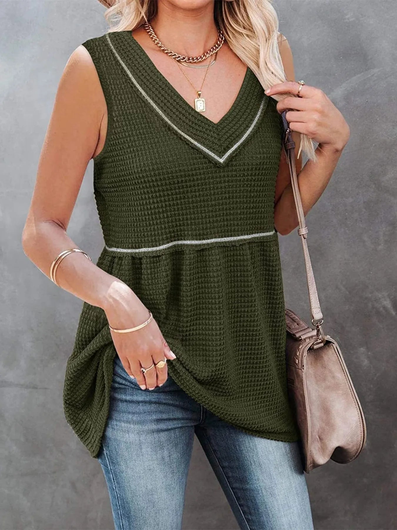 V-Neck Contrast Trim Waffle Knit Tank Top - Green