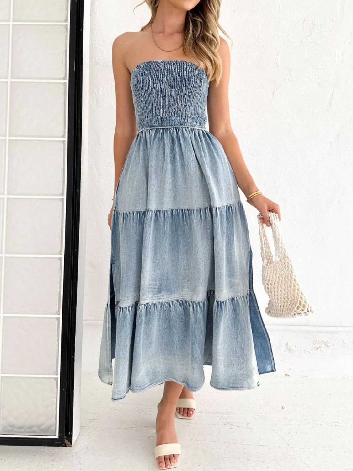 Slit Smocked Tube Tiered Denim Dress - Dusty Blue