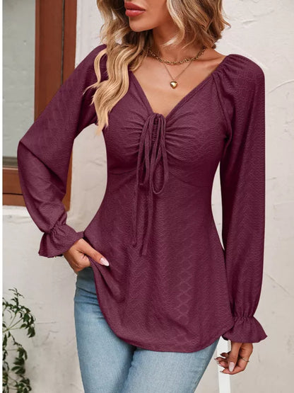 Drawstring Ruffled V-Neck Long Sleeve Blouse