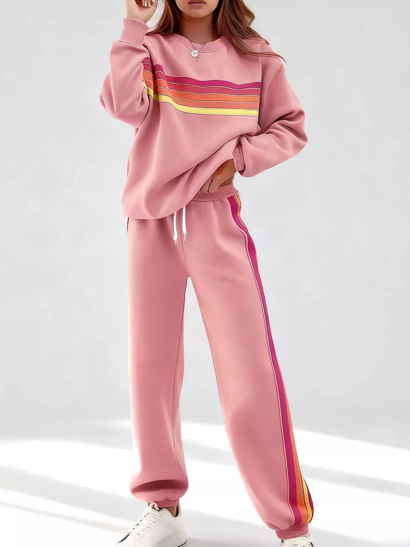Striped Round Neck Sweatshirt and Pants Set - Pink