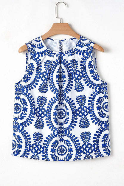 Printed Crew Neck Sleeveless Top -