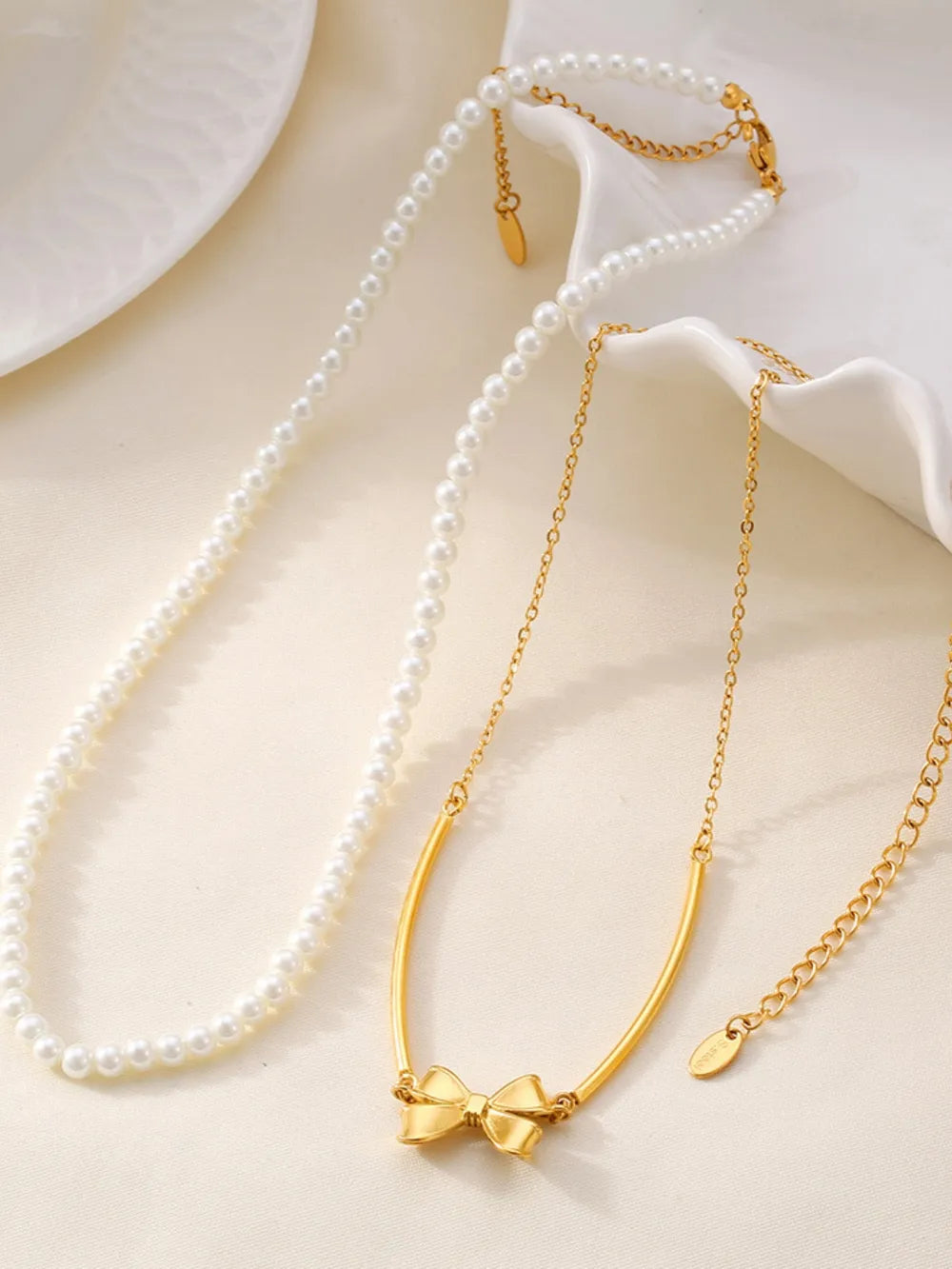 Pearl Necklace, Bow Necklace and Stud Earrings Jewelry Set -