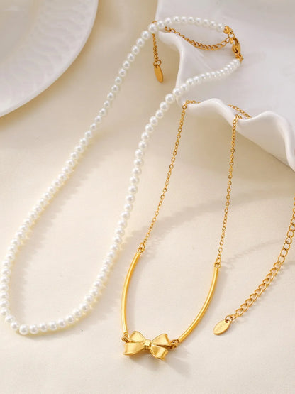 Pearl Necklace, Bow Necklace and Stud Earrings Jewelry Set -