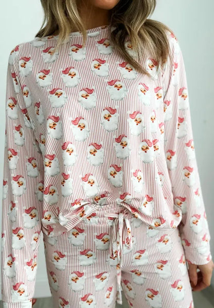 Santa Print Long Sleeve Top and Pants Lounge Set -