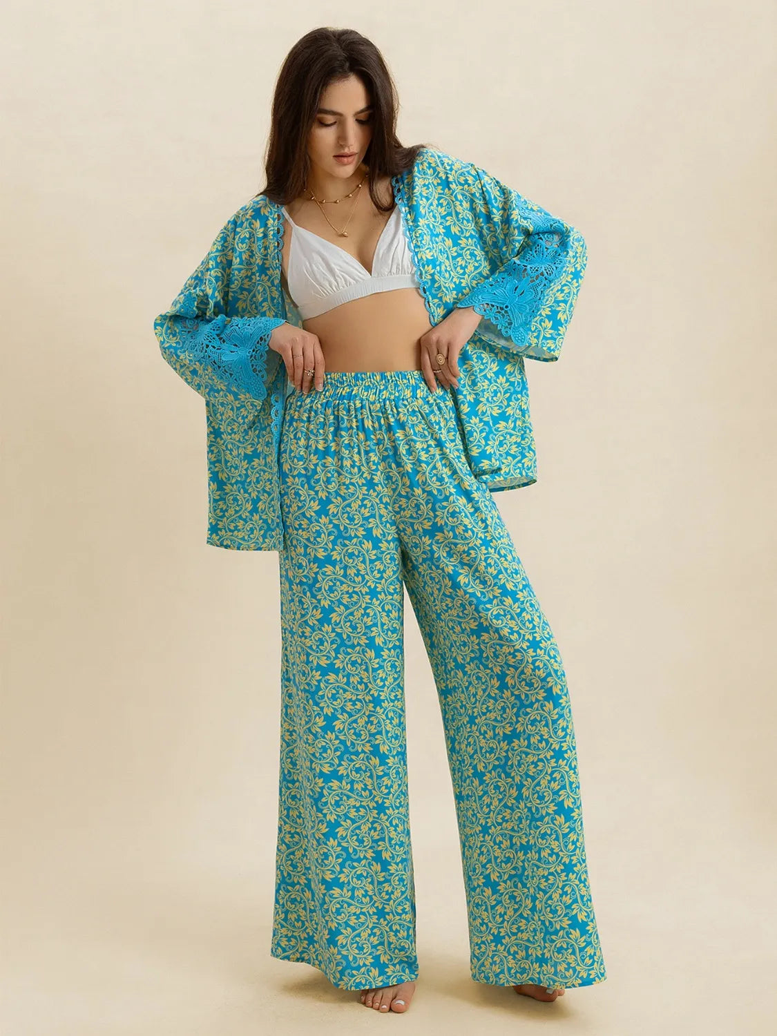 Open Front Printed Top and Pants Set - Teal