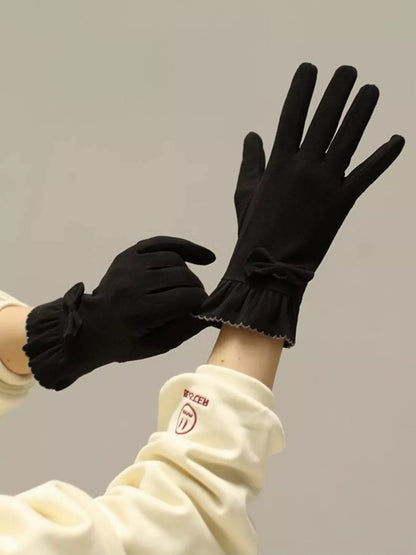 Ruffled Cuff Bow Gloves - Black One Size