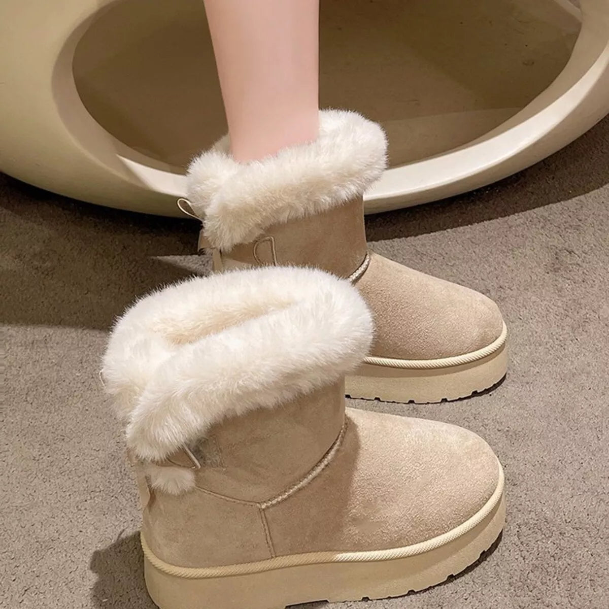 Round Toe Fuzzy Boots - Beige