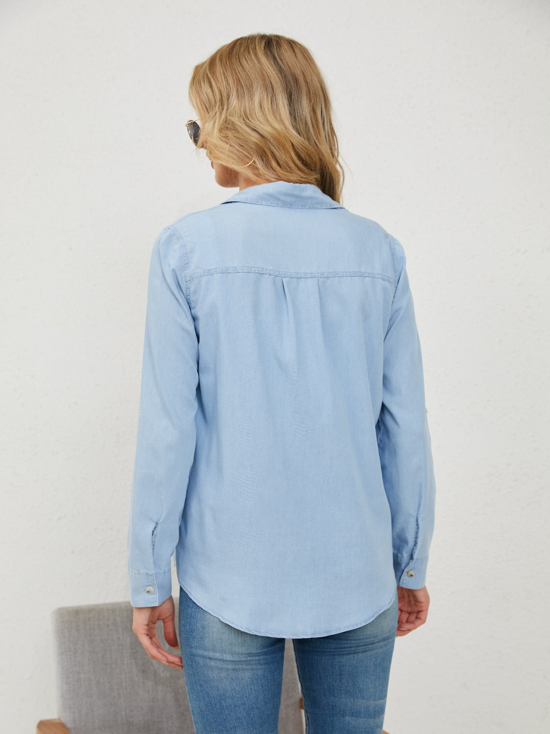 Pocketed Button Up Long Sleeve Denim Shirt - Light