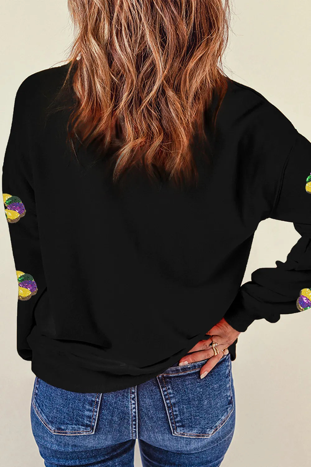 Sequin Round Neck Long Sleeve Sweatshirt -