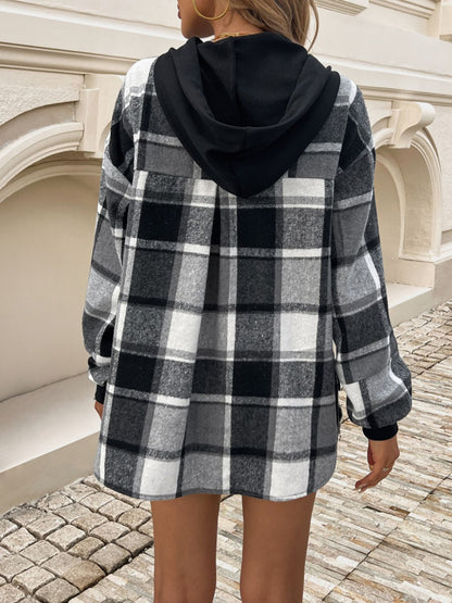 Drawstring Plaid Long Sleeve Hoodie