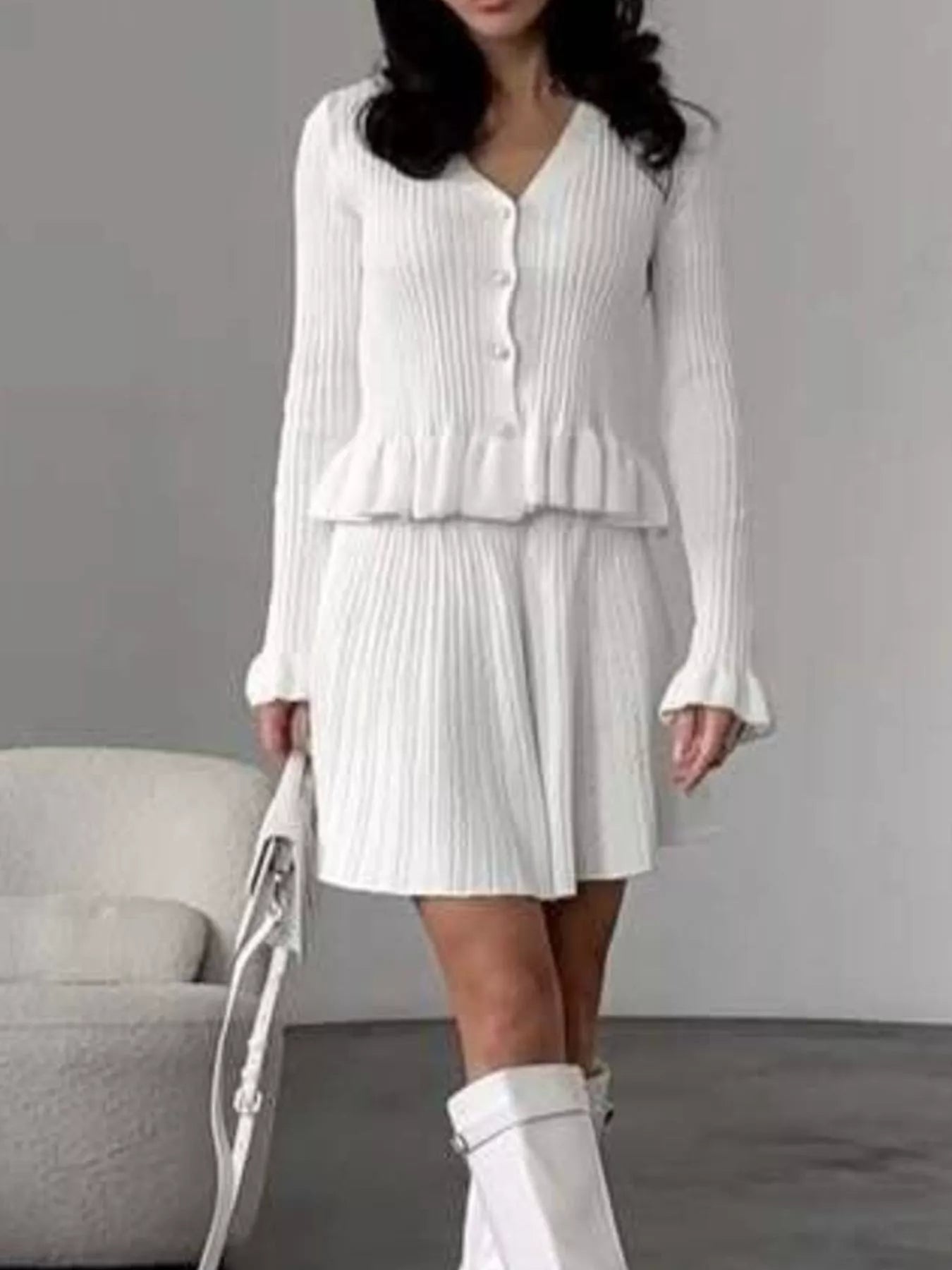 Ruffle Trim Knit Cardigan and Skirt Set -
