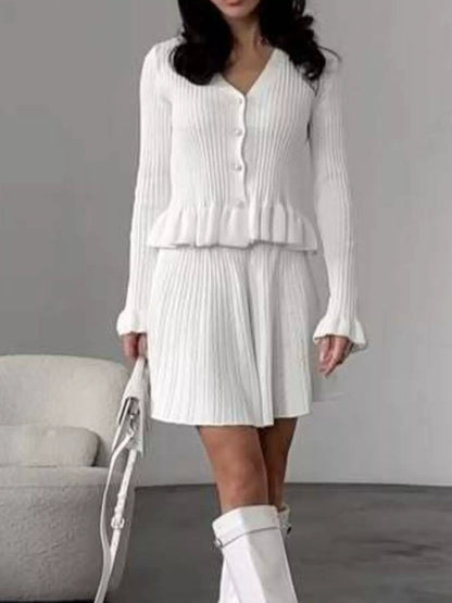 Ruffle Trim Knit Cardigan and Skirt Set -