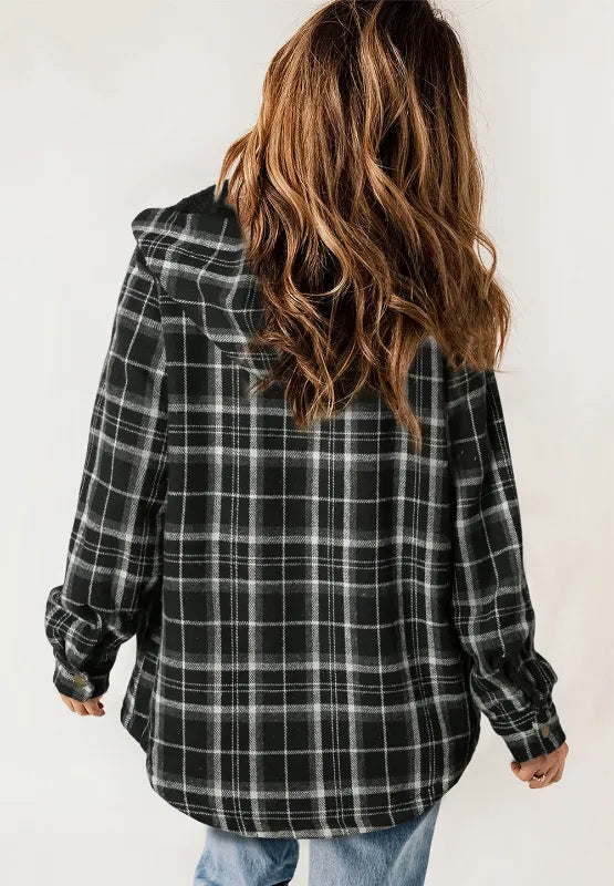 Plaid Button Up Long Sleeve Hooded Jacket -
