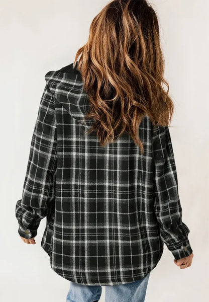 Plaid Button Up Long Sleeve Hooded Jacket -