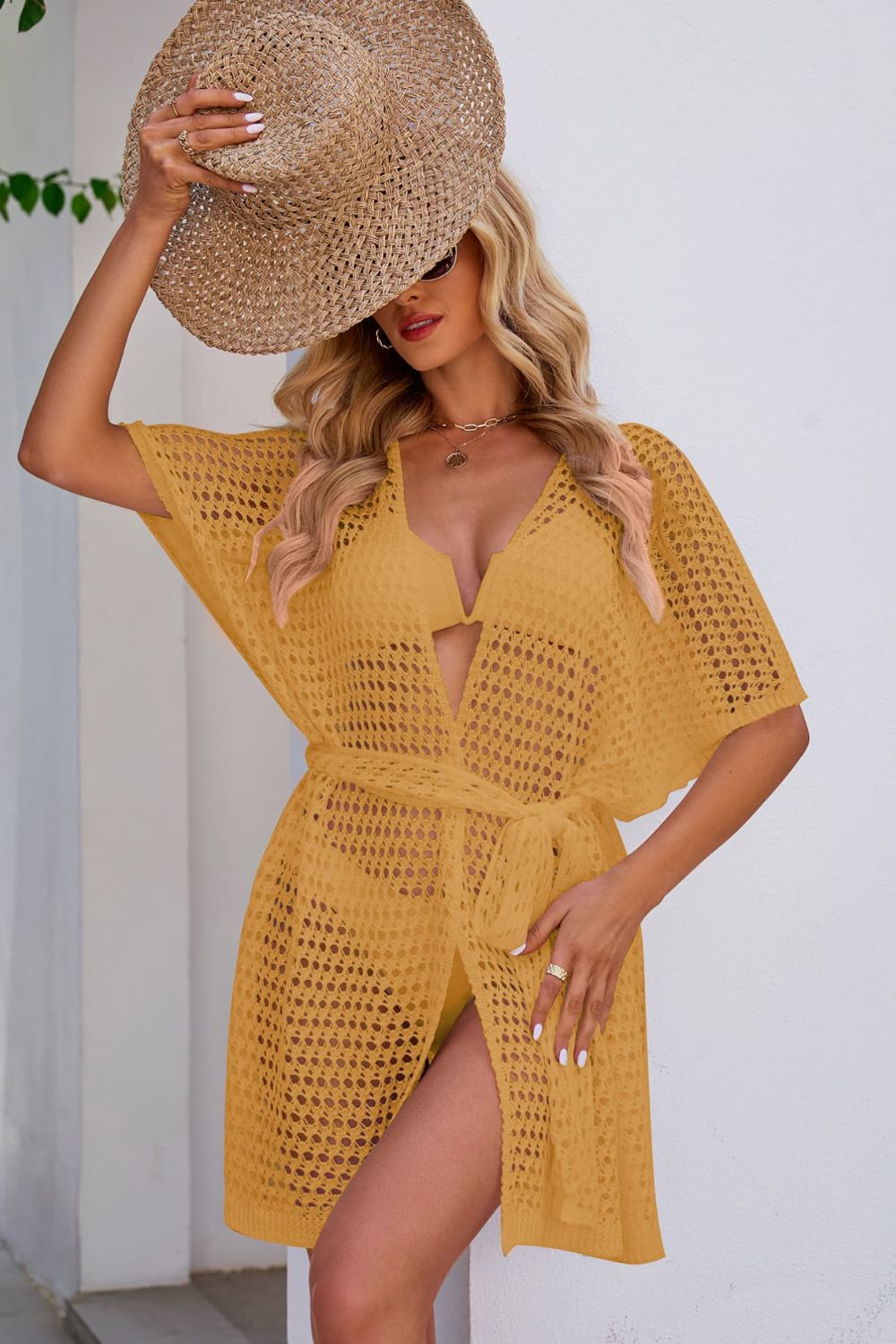 Openwork Tie Waist Cover Up - Honey