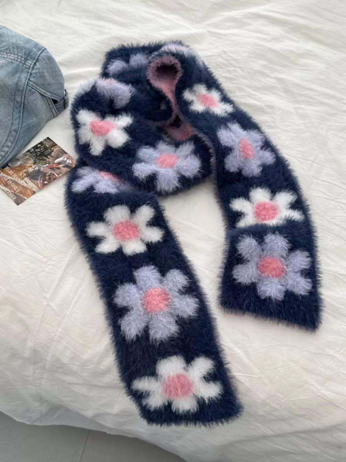 Floral Fuzzy Knit Scarf -