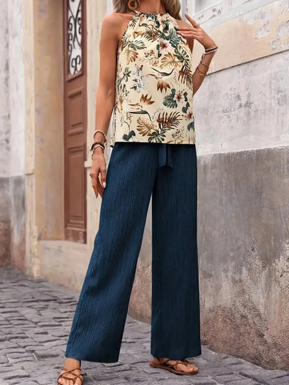 Printed Tank Top and Wide Leg Pants Set -