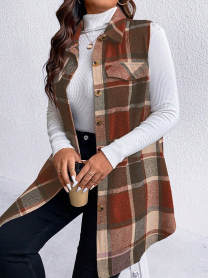 Plus Size Pocketed Plaid Button Up Vest Coat - Brown