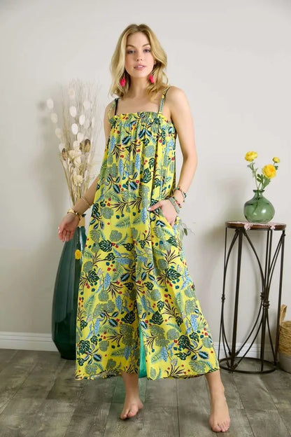 Elastic Detail Tropical Jumpsuit - Yellow