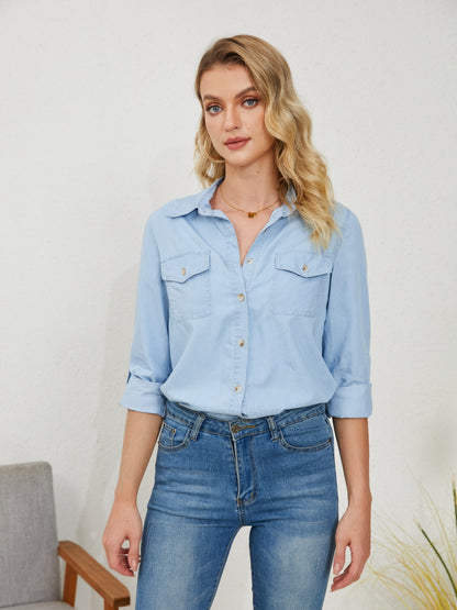 Pocketed Button Up Long Sleeve Denim Shirt - Light