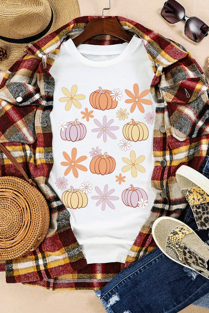 Pumpkin and Flower Round Neck T-Shirt -