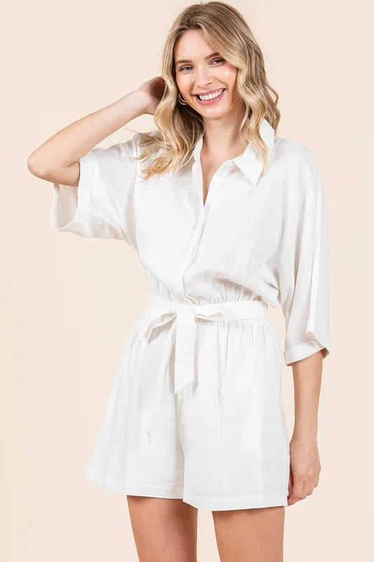 Tie Waist Half Sleeve Romper - White