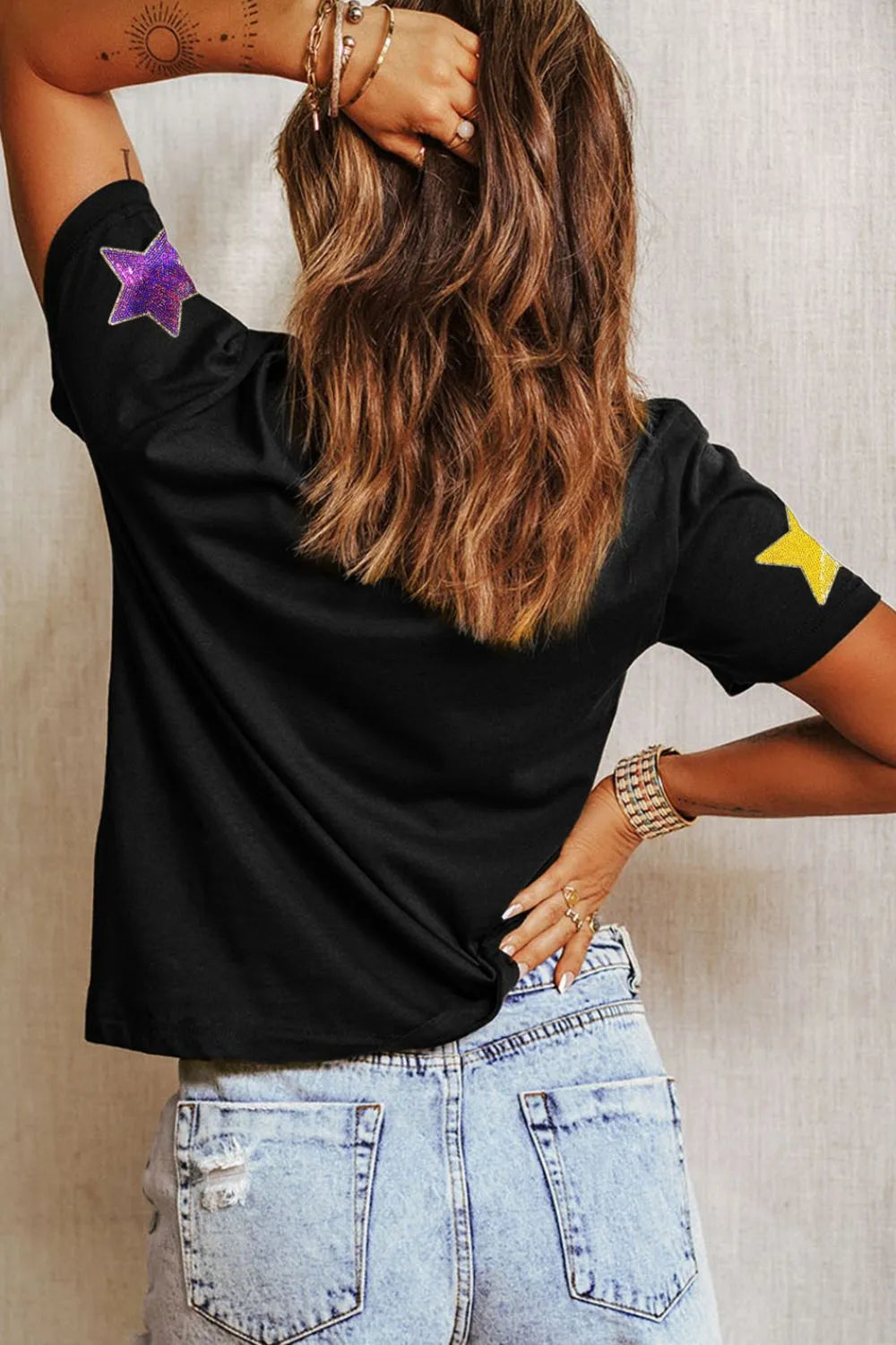 Sequin Stars Patched Round Neck T-Shirt -