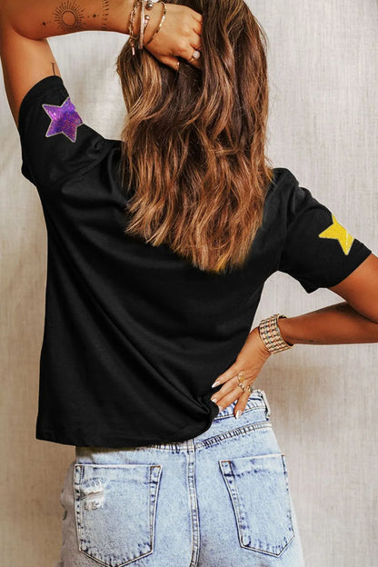 Sequin Stars Patched Round Neck T-Shirt -