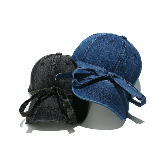 Washed Bow Denim Baseball Cap - Navy One Size