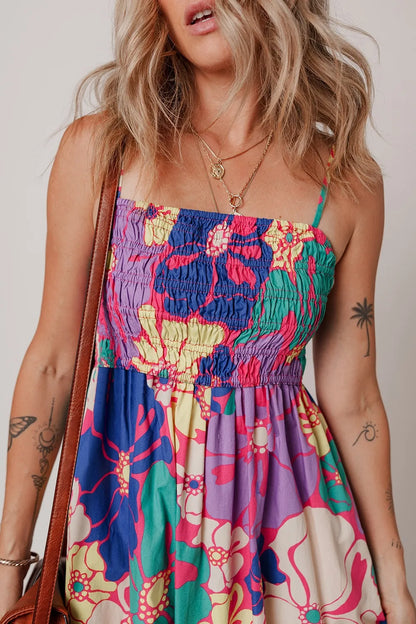 Floral Print Shirred Loose Maxi Dress -