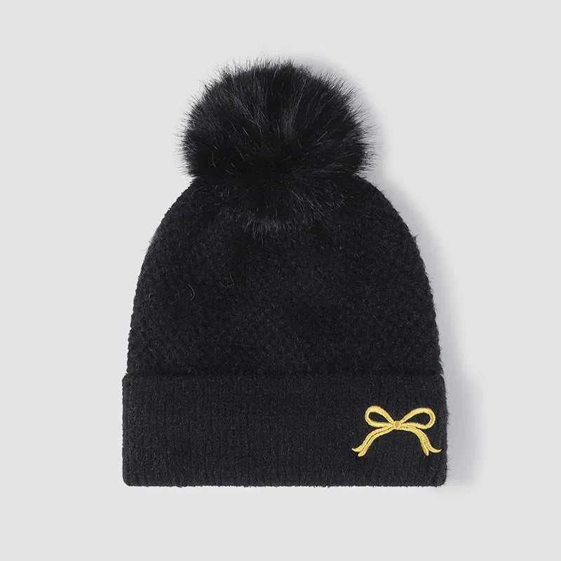 Thermal Bow Knit Hat with Pompom - Black One Size
