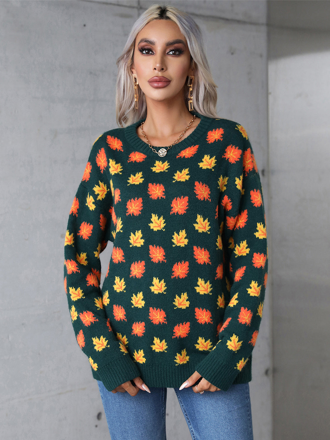 Maple Leaf Round Neck Long Sleeve Sweater -