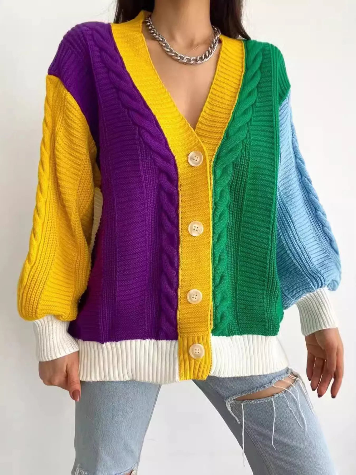 Color Block Button Down Cable-Knit Cardigan -