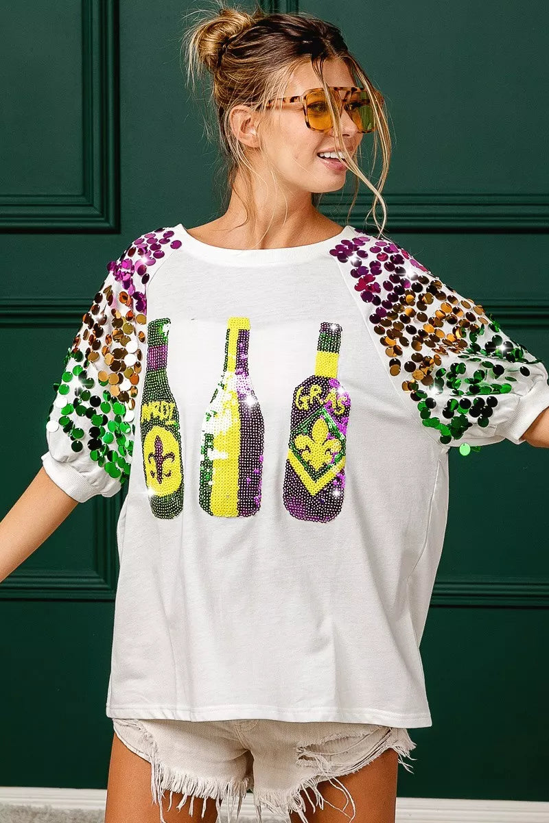 Sequin Mardi Gras Bottles Spangled Sleeve Top -